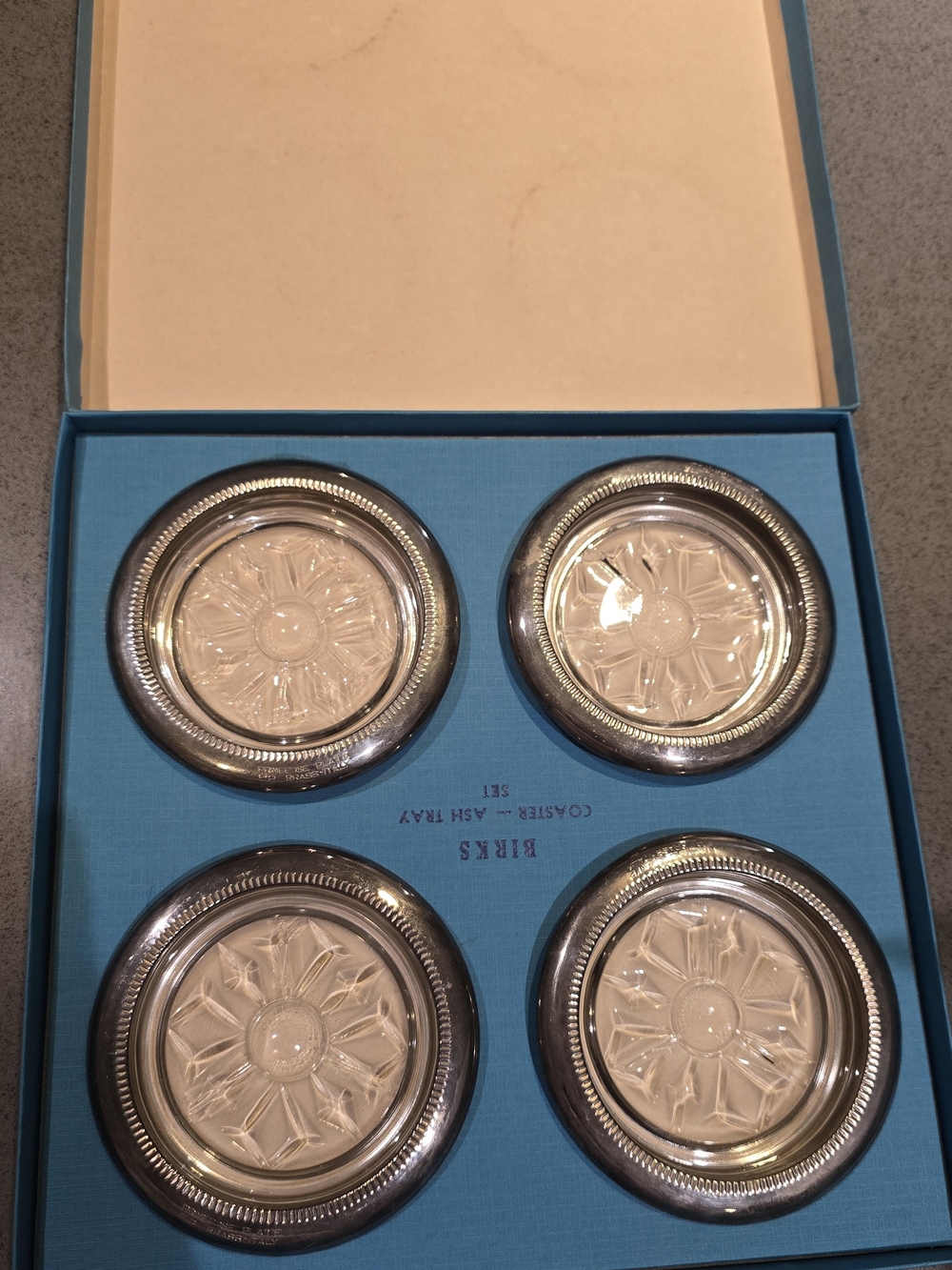 Silver-Tone Glass Inset Coaster Set - Blue Tray